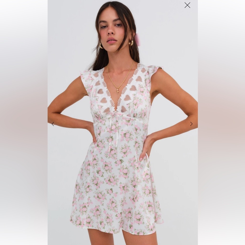 For Love & Lemons White and Pink Floral Lace Slip Dress